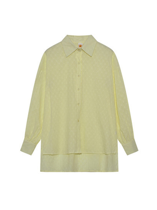 Buttoned Jacquard High-Low Long Sleeves Solid Color Lapel Shirts Top +Shorts Bottom Two Pieces Set