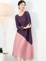 Original Contrast Color Split-Joint Round-Neck Pleated Midi Dress