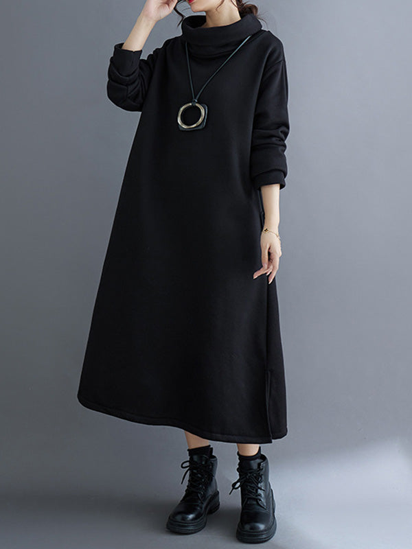 Pockets Solid Color Split-Side Velvet A-Line Long Sleeves High Neck Midi Dresses