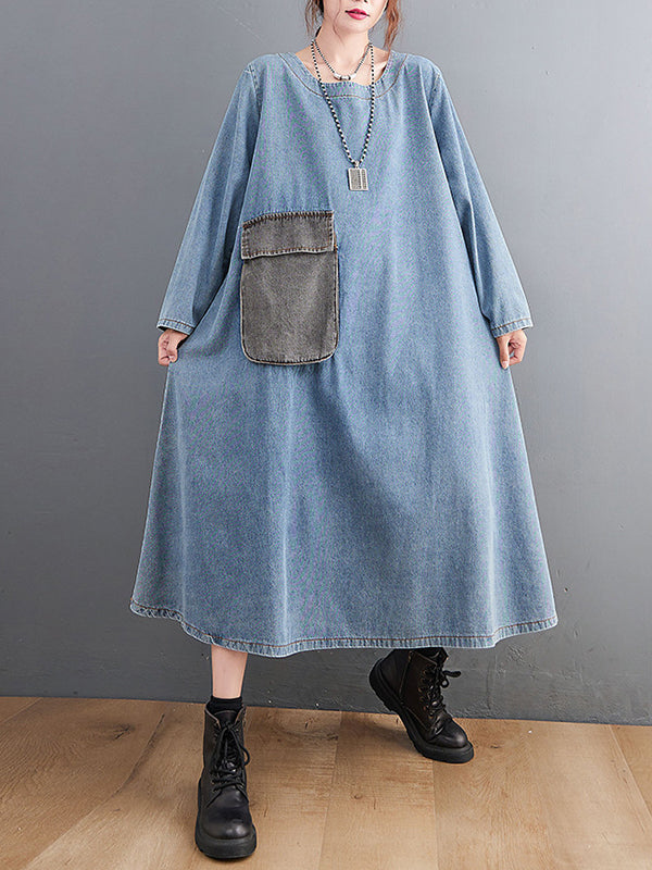 Artistic Retro Loose Denim Applique Round-Neck Long Sleeves Midi Dress