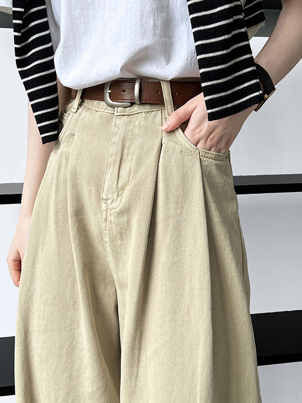 Belted Pleated Pockets High Waisted Wide Leg Jean Pants Bottoms