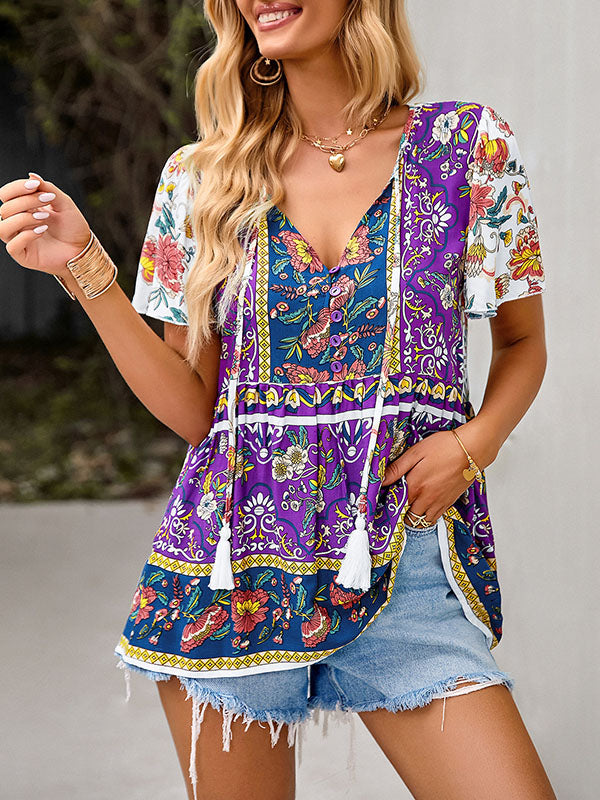 Buttoned Flower Print Split-Joint Tasseled Tied Loose Short Sleeves V-Neck T-Shirts Tops