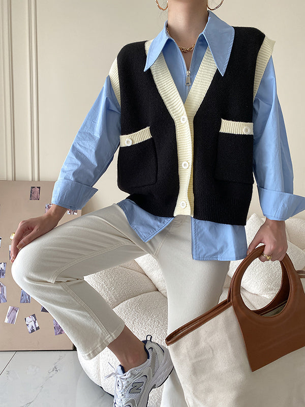 Long Sleeves Solid Color Zipper Lapel Collar Blouses