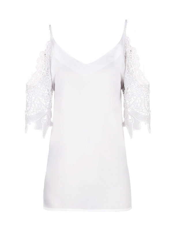 Hollow Solid Color Split-Joint Half Sleeves Loose Cold Shoulder T-Shirts Tops
