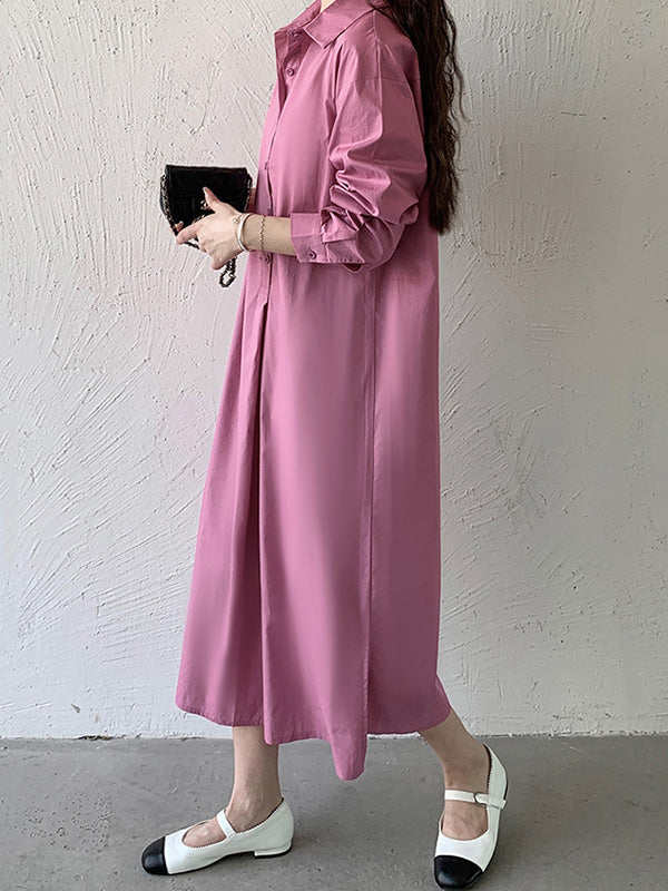 Urban Loose Solid Color Lapel Collar Shirt Midi Dresses