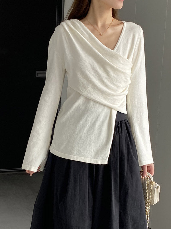 Asymmetric Solid Color Long Sleeves Loose V-Neck T-Shirts Tops