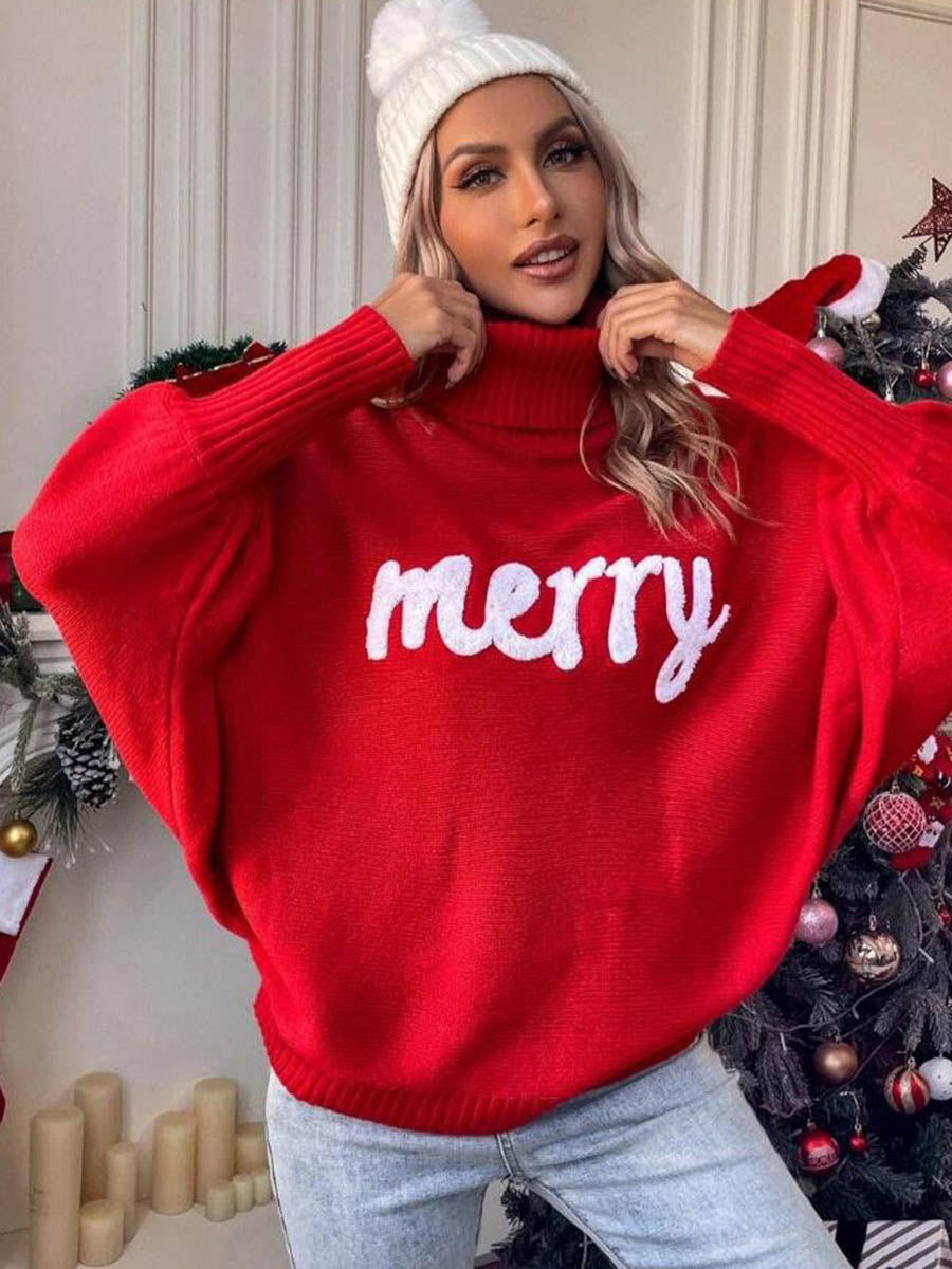Contrast Color Printed Split-Joint Long Sleeves Loose High Neck Sweater Tops