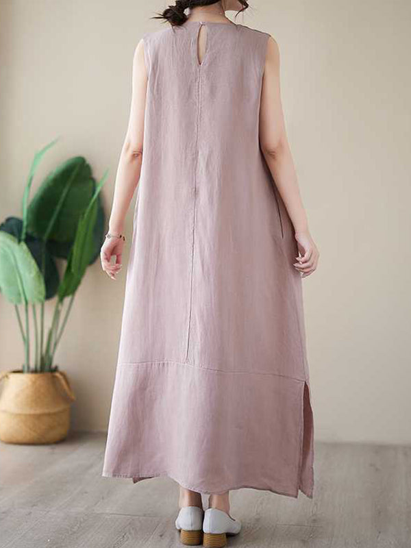 Solid Color A-Line Loose Round-Neck Midi Dresses