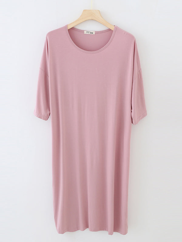 Solid Color Split-Joint High Waisted Loose Round-Neck Pajama Dress