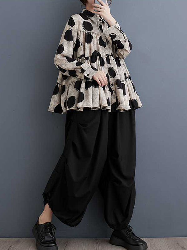 Pleated Polka-Dot Split-Joint Long Sleeves Loose Lapel Blouses