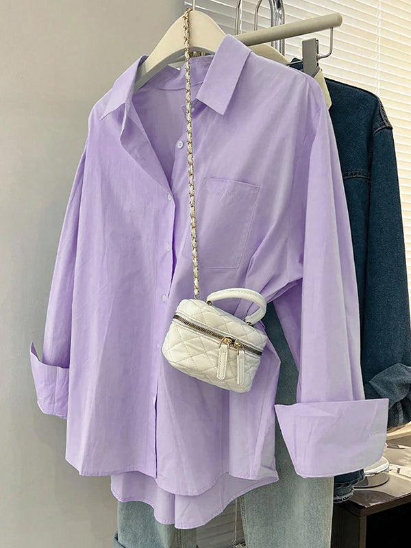 Buttoned Pockets Solid Color Long Sleeves Loose Lapel Blouses&Shirts Tops