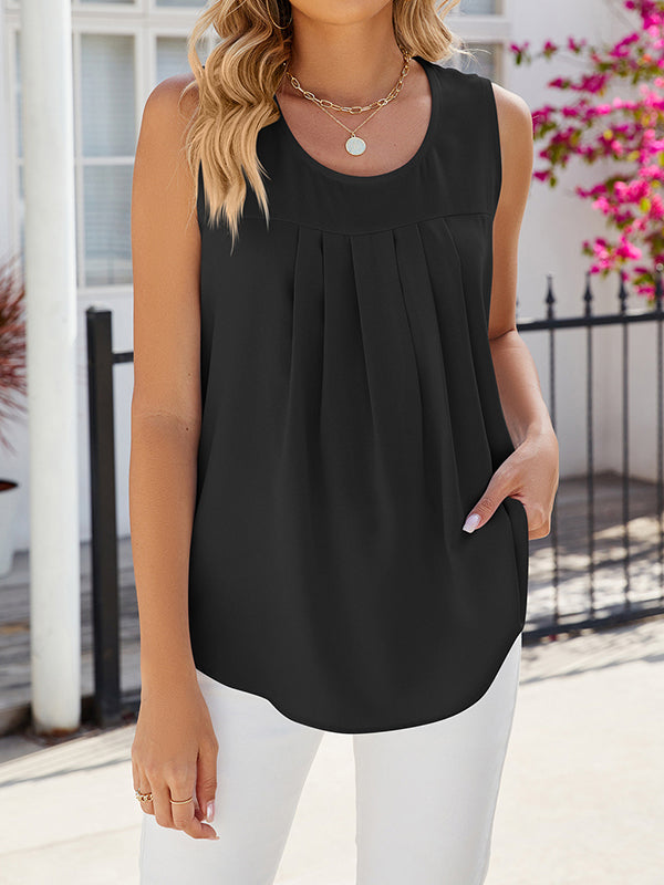 Pleated Solid Color Split-Joint Loose Sleeveless Round-Neck Vest Top