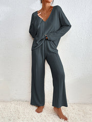 Solid Color Long Sleeves Loose V-Neck Shirt Top + Pants Bottom Pajama Sets