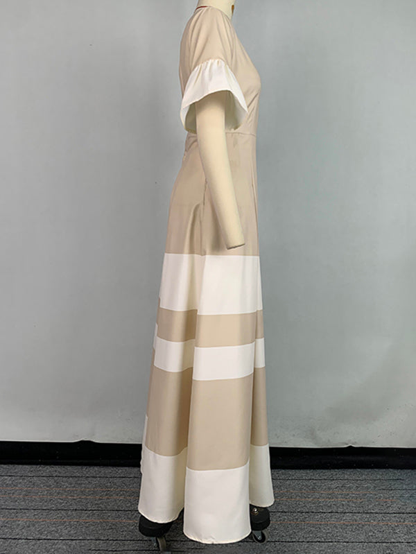 Contrast Color Pleated A-Line Flared Sleeves V-Neck Maxi Dresses