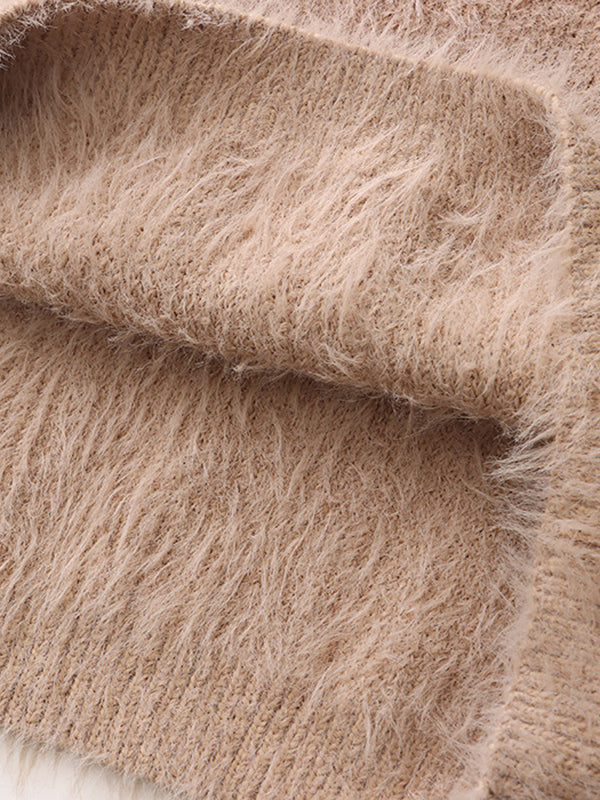 Simple Loose Long Sleeves Solid Color Round-Neck Sweater Tops