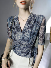 Flower Print Mesh Tied Half Sleeves Plus Size V-Neck Blouses&Shirts Tops