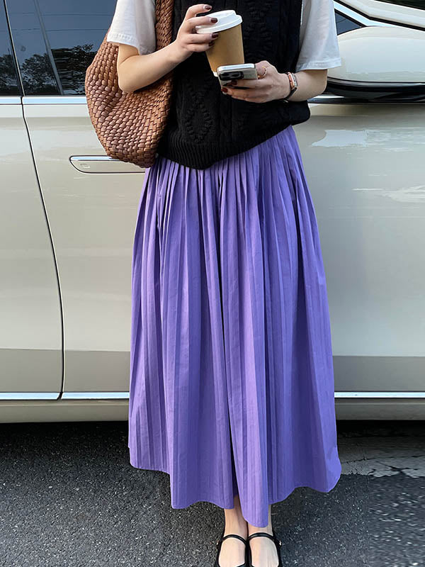 Elasticity Pleated Solid Color A-Line High Waisted Skirts