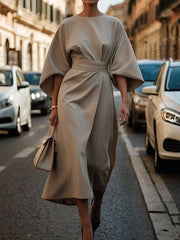 Loose Puff Sleeves Pleated Solid Color Split-Joint Round-Neck Midi Dresses