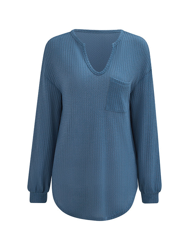 Pockets Solid Color Long Sleeves Loose V-Neck T-Shirts Tops