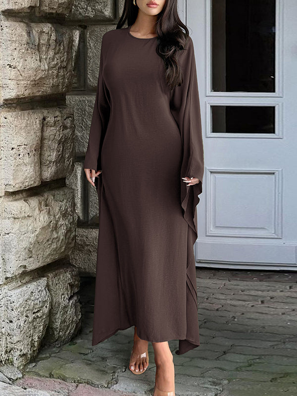 Solid Color Batwing Sleeves Long Sleeves Round-Neck Maxi Dresses