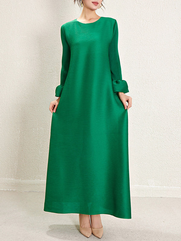 Pleated Solid Color A-Line Loose Round-Neck Maxi Dresses