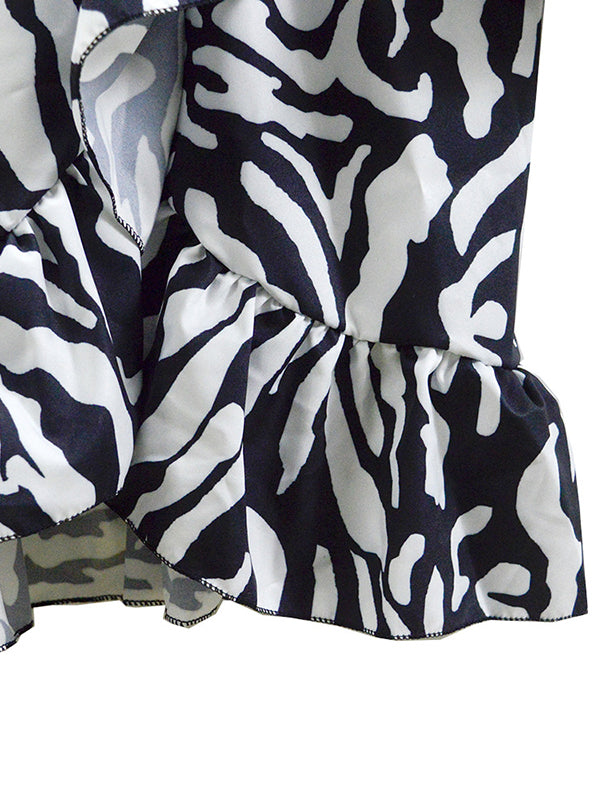 Contrast Color Pleated Printed Split-Joint Flared Sleeves Loose V-Neck Mini Dresses