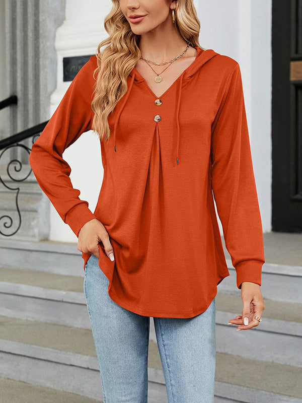 Buttoned Drawstring Hooded Solid Color Long Sleeves Loose V-Neck T-Shirts Tops