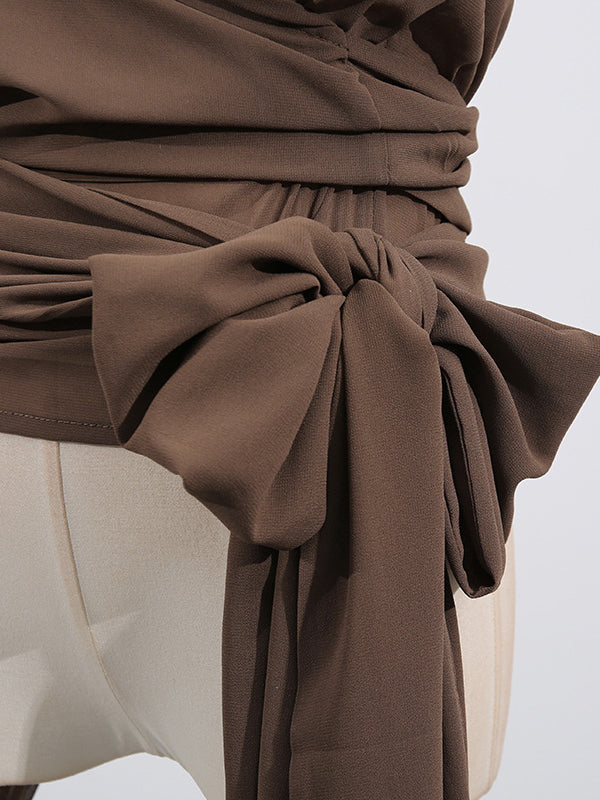 Pleated See-Through Solid Color Tied Waist Long Sleeves Loose Hooded Blouses&Shirts Tops