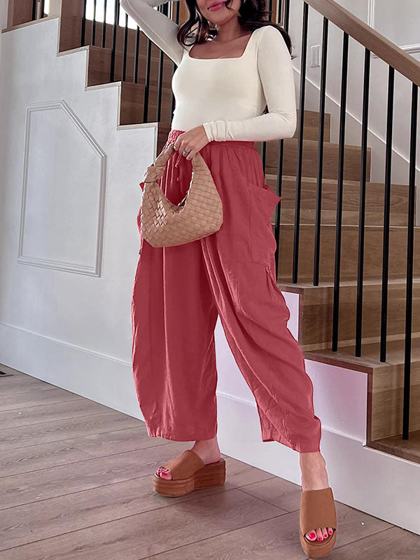Drawstring Elasticity Pleated Pockets Solid Color High Waisted Loose Trousers Ninth Pants