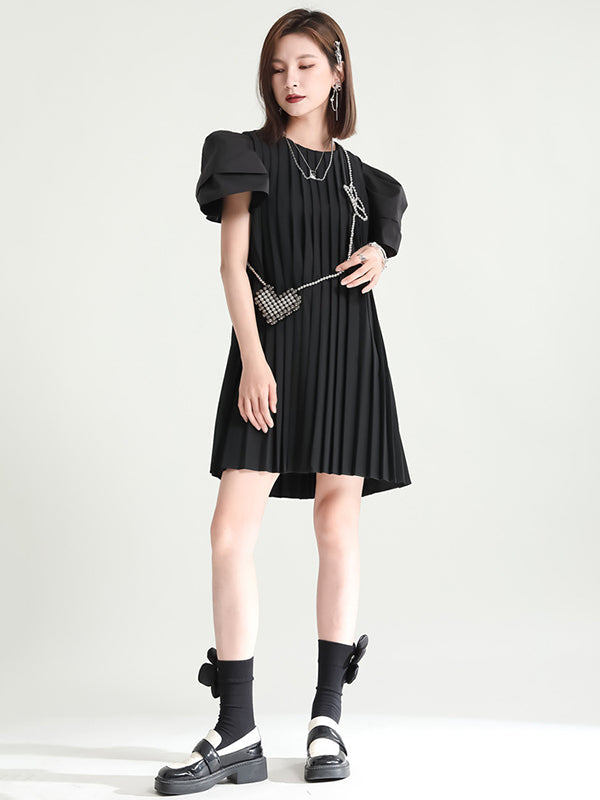 Urban Puff Sleeves Split-Joint Black Pleated Mini Dress
