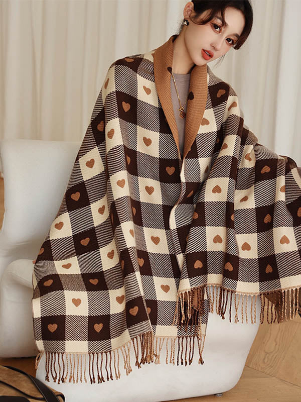 Casual Contrast Color Heart Plaid Jacquard Shawl&Scarf