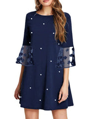 Mesh Polka-Dot Split-Joint Three-Dimensional Flower A-line Loose Round-neck Mini Dresses