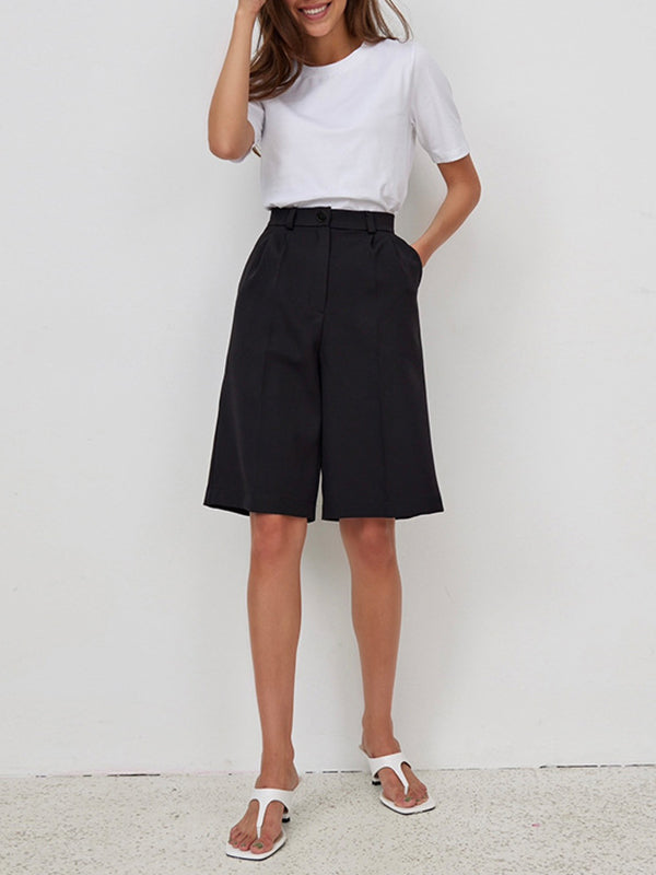 Pleated Solid Color Split-Joint High Waisted Loose Shorts Bottoms Half Pants