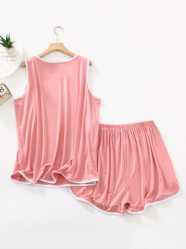 Solid Color Sleeveless Loose Vest Top + Elasticity Pleated Shorts Bottom Pajama Sets