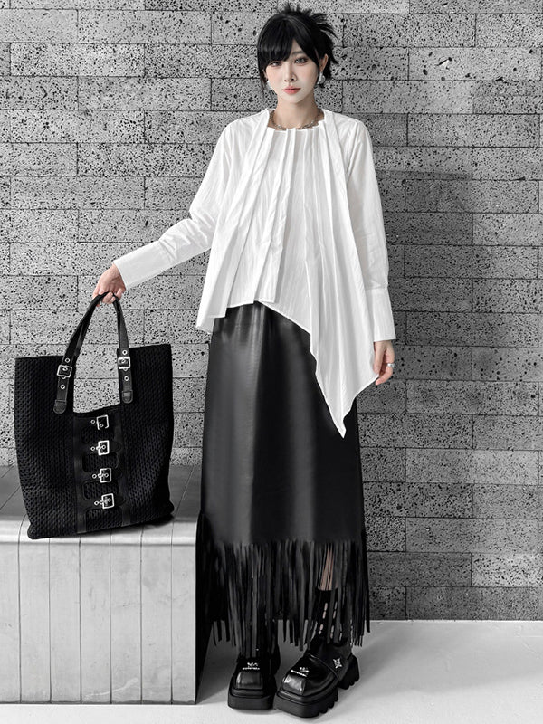 Asymmetric Pleated Solid Color Hipster Irregularity Round-Neck Blouses&Shirts Tops