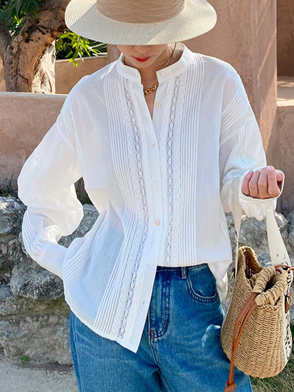 Buttoned Pleated Solid Color Split-Joint Long Sleeves Loose Stand Collar Blouses&Shirts Tops