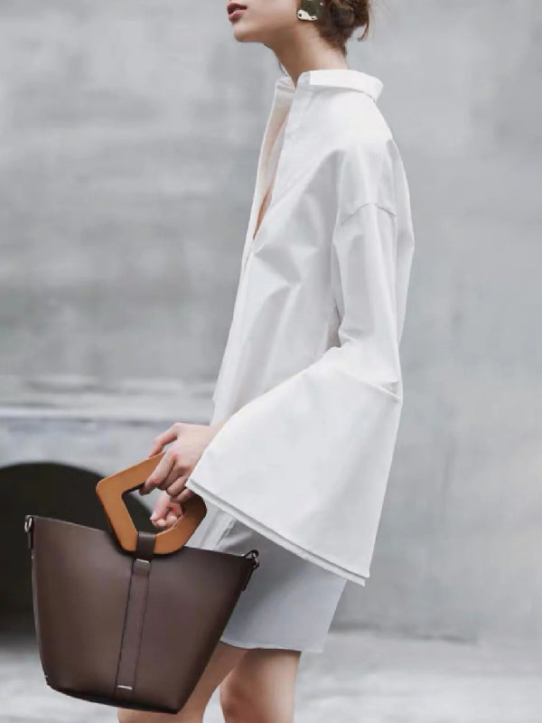 Buttoned Solid Color Long Sleeves Loose Lapel Shirt Dress Mini Dresses