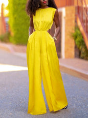 Hollow Solid Color Loose Wide Leg Round-neck Jumpsuits
