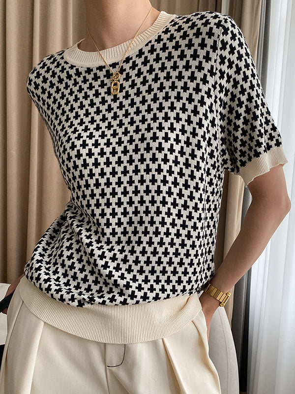 Houndstooth Half Sleeves Round-Neck Sweater Tops