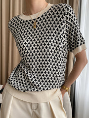 Houndstooth Half Sleeves Round-Neck Sweater Tops