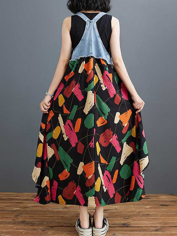 Contrast Color Pockets Printed Split-Joint A-Line Loose Spaghetti-Neck Maxi Dresses