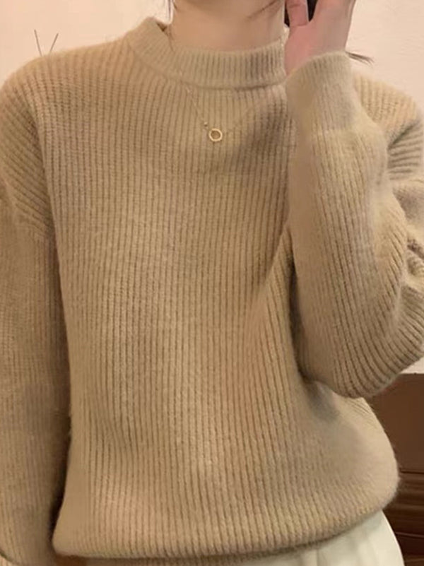 Solid Color Long Sleeves Loose Round-Neck Sweater Tops Pullovers