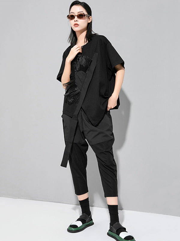 Stylish Black White Irregular Applique T-Shirt