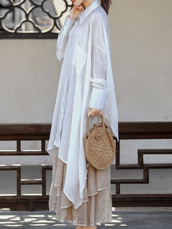 See-Through Solid Color Split-Joint Split-Side Loose Raglan Sleeve Lapel Blouses