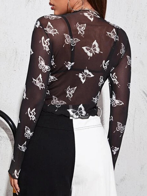 Butterfly Print Mesh See-Through Long Sleeves Skinny Round-Neck T-Shirts Tops