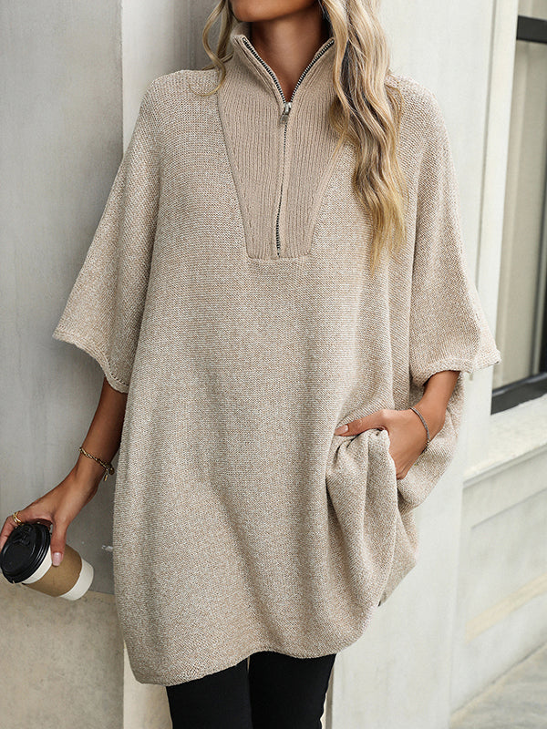 Split-Joint Zipper Loose Three-Quarter Sleeves V-Neck Sweater Tops