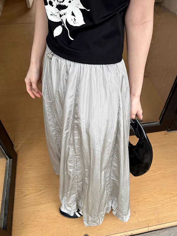 Drawstring Elasticity Solid Color Split-Joint A-line High Waisted Skirts