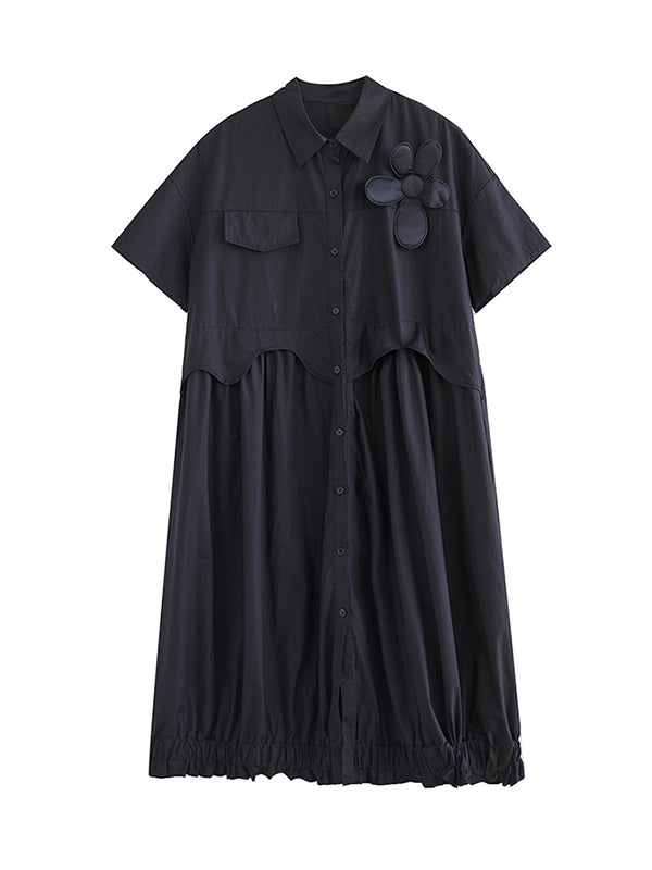 Elasticity Pleated Split-Joint Loose Short Sleeves Lapel Midi Dresses