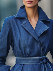 Solid Color Tied Waist Long Sleeves Loose Notched Collar Outerwear