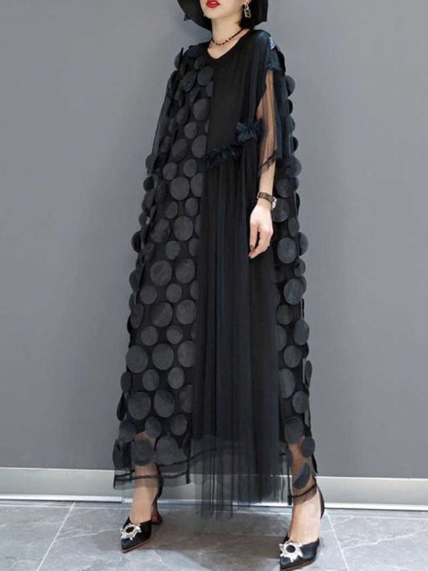 Asymmetric Pleated Polka-Dot Solid Color Split-Joint Tulle A-Line Half Sleeves Round-Neck Maxi Dresses